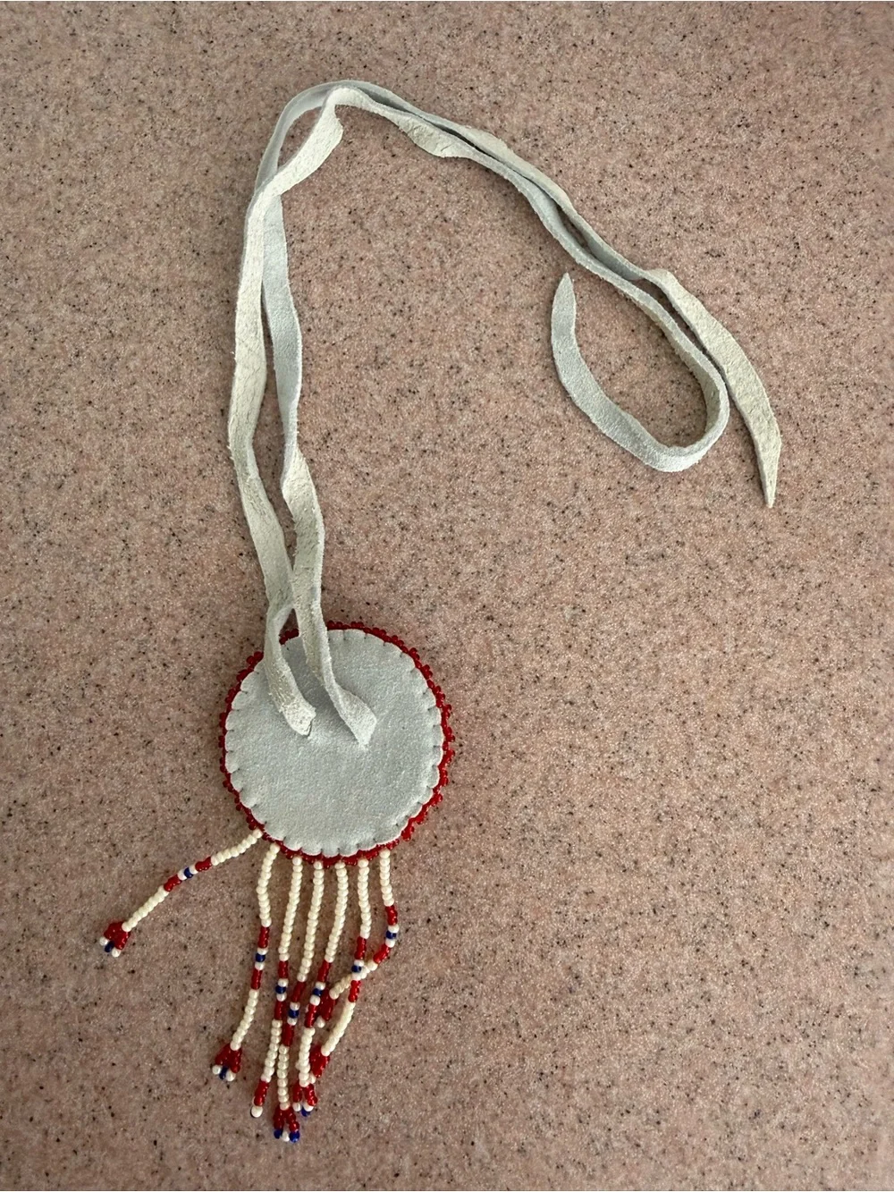 Handmade Beaded Leather Choker Medallion Necklace in Red, Blue & Cream NWOT